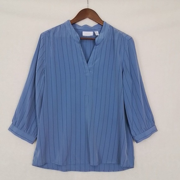 Chicos Womens‎ 3/4 Sleeve Popover Blouse Sz 1 (M) Blue Stripe Sateen V Neck - Picture 1 of 11